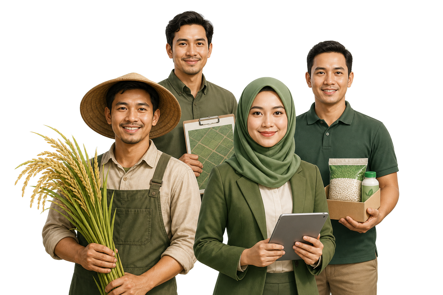 Ilustrasi empat aktor ekosistem pertanian: petani, pemilik lahan, investor, dan supplier.